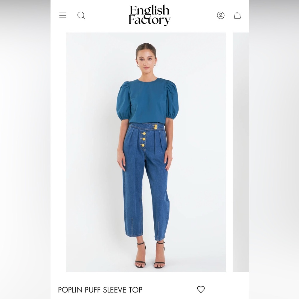 English Factory Teal Poplin Puff Sleeve Top